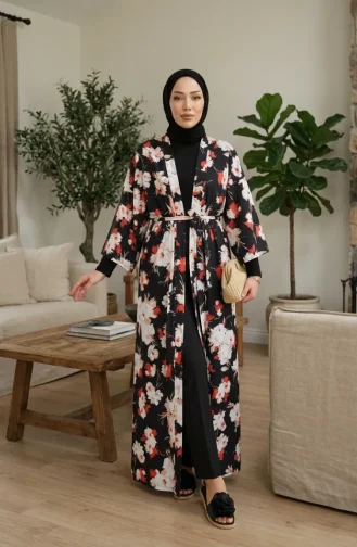 Patterned Belted Kimono 1908-02 Black 1908-02