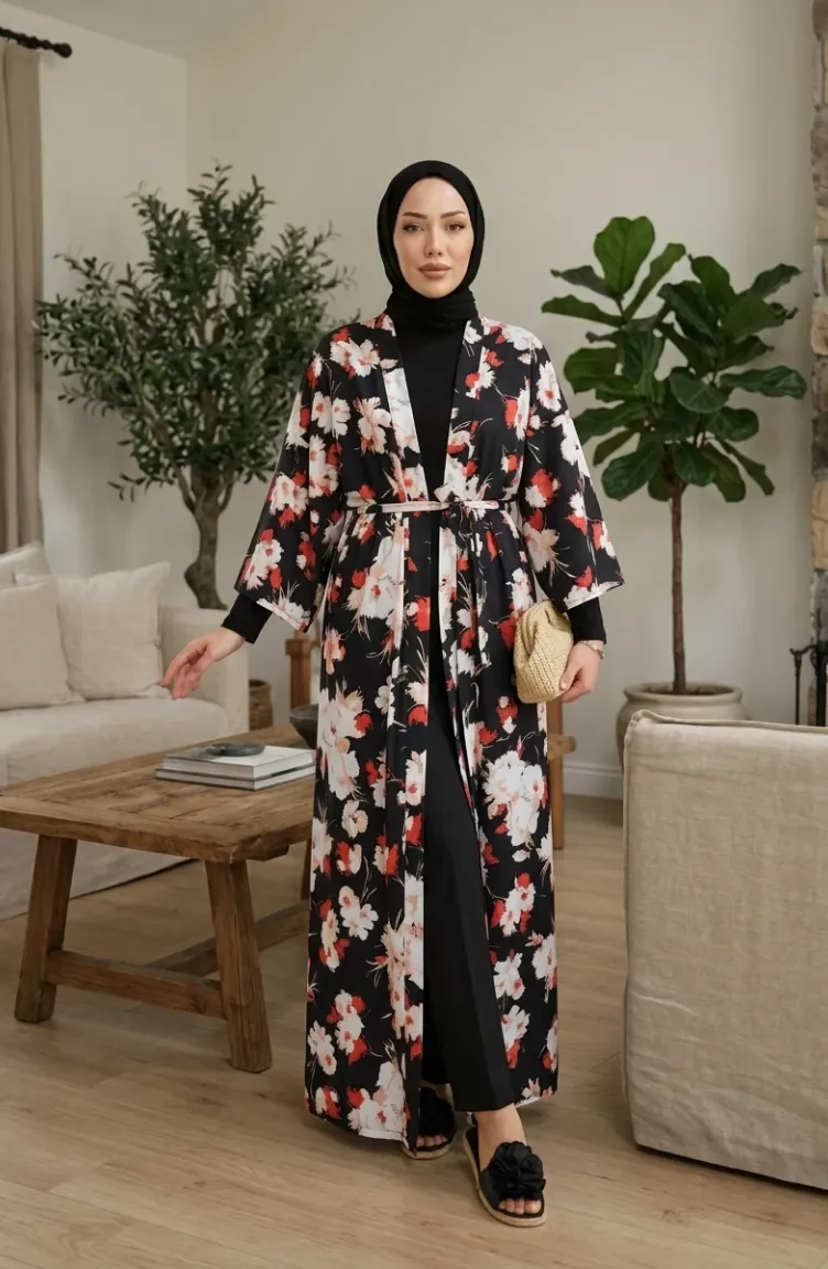 Patterned Belted Kimono 1908-02 Black 1908-02