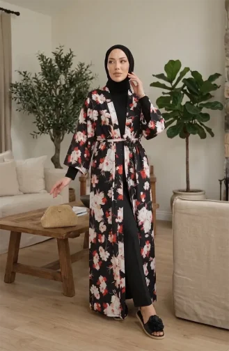 Patterned Belted Kimono 1908-02 Black 1908-02