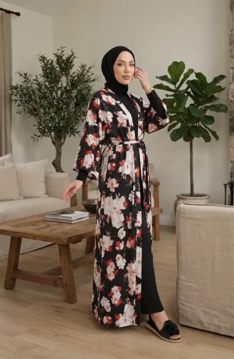 Patterned Belted Kimono 1908-02 Black 1908-02