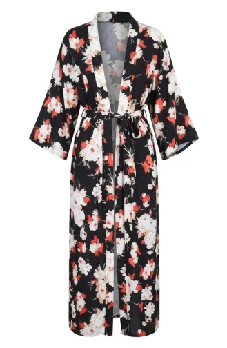 Patterned Belted Kimono 1908-02 Black 1908-02