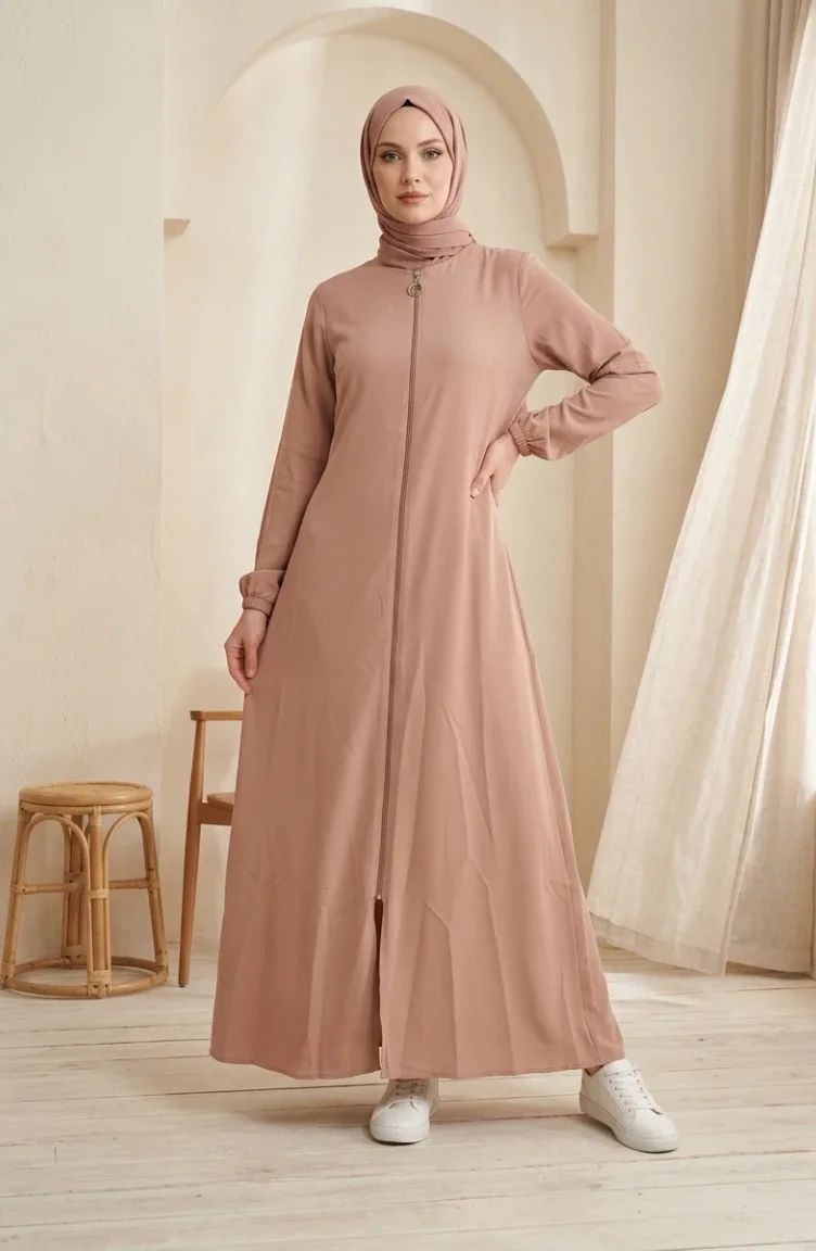 Abaya à Manches élastiquées Et Fermeture éclair 0268-01 Camel 0268-01