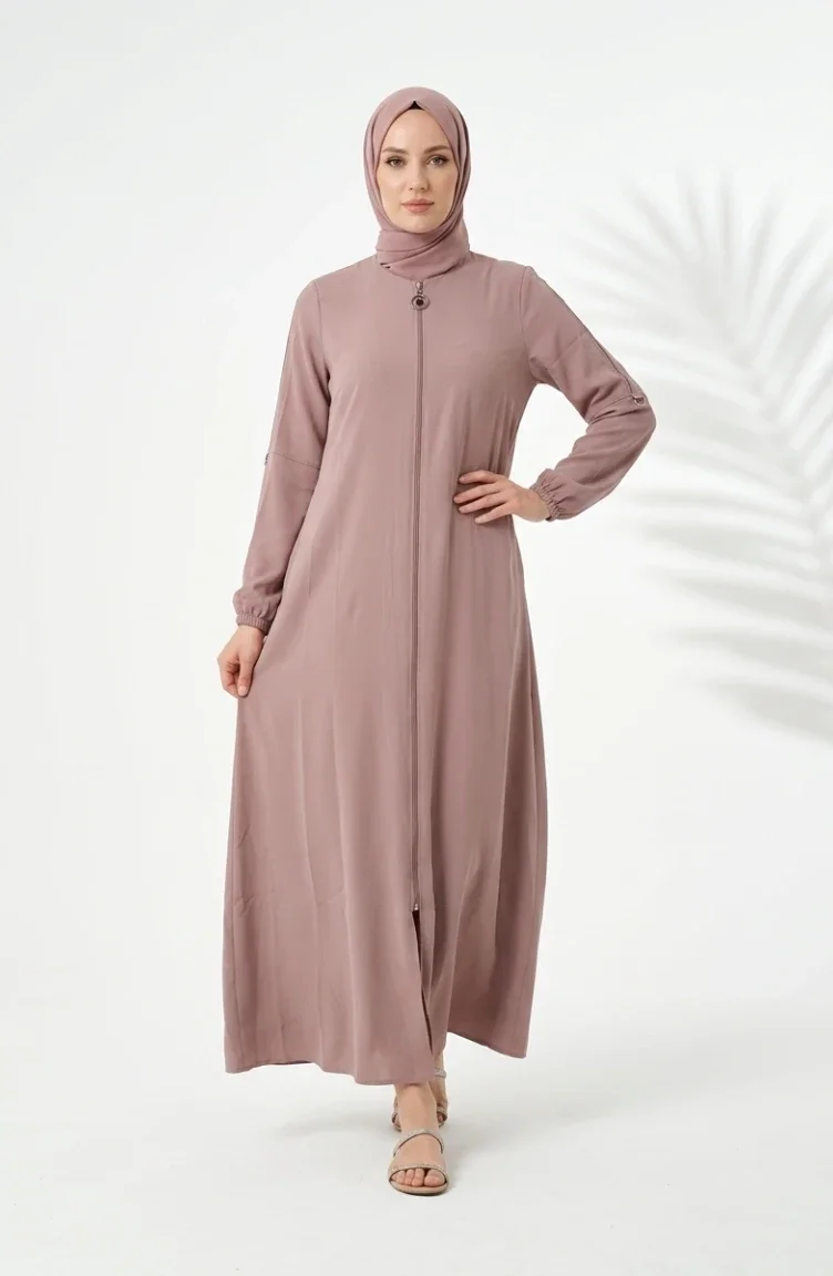 Abaya à Manches élastiquées Et Fermeture éclair 0268-02 Vison 0268-02
