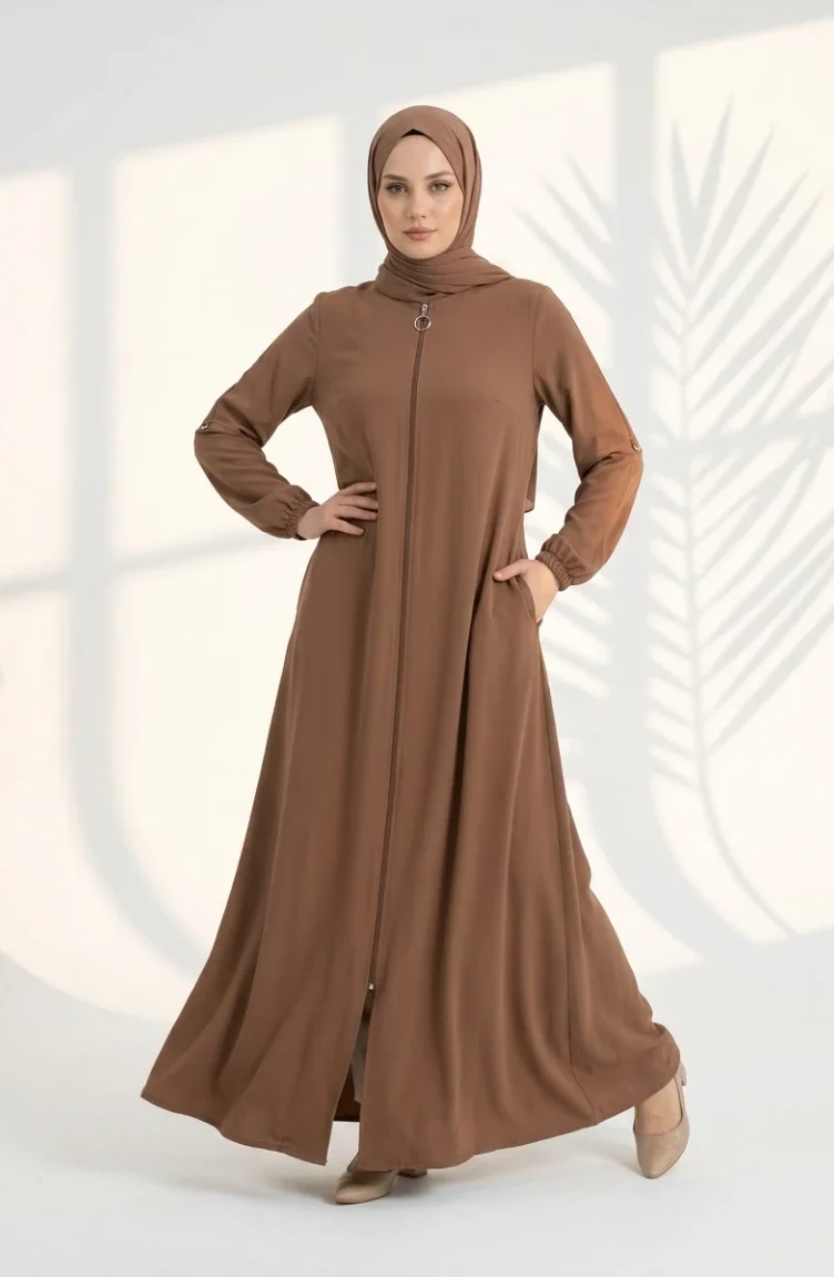 Abaya à Manches élastiquées Et Fermeture éclair 0268-03 Café Au Lait 0268-03