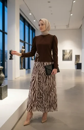 Gül Detaylı Bluz Etek ikili Takım 5645-03 Kahverengi