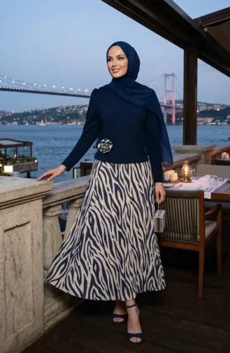 Gül Detaylı Bluz Etek ikili Takım 5645-05 Lacivert