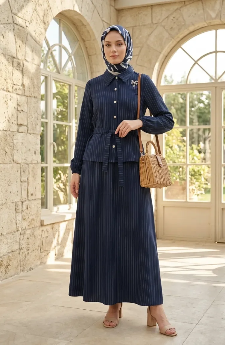 Ensemble Deux Pièces Rayé Avec Broche Et Ceinture 0280-01 Bleu Marine 0280-01