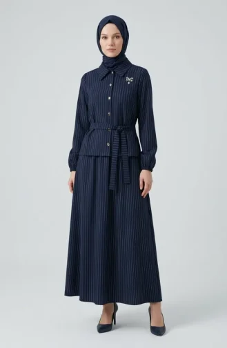 Ensemble Deux Pièces Rayé Avec Broche Et Ceinture 0280-01 Bleu Marine 0280-01