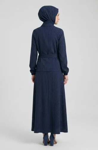 Ensemble Deux Pièces Rayé Avec Broche Et Ceinture 0280-01 Bleu Marine 0280-01