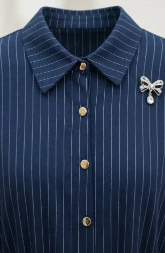 Ensemble Deux Pièces Rayé Avec Broche Et Ceinture 0280-01 Bleu Marine 0280-01
