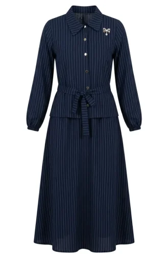 Ensemble Deux Pièces Rayé Avec Broche Et Ceinture 0280-01 Bleu Marine 0280-01