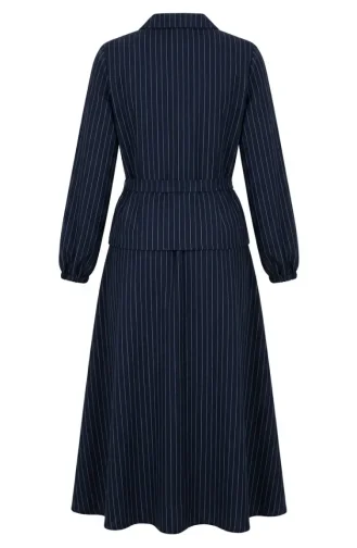 Ensemble Deux Pièces Rayé Avec Broche Et Ceinture 0280-01 Bleu Marine 0280-01