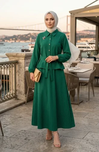 Ensemble Deux Pièces Rayé Avec Broche Et Ceinture 0280-03 Vert émeraude 0280-03