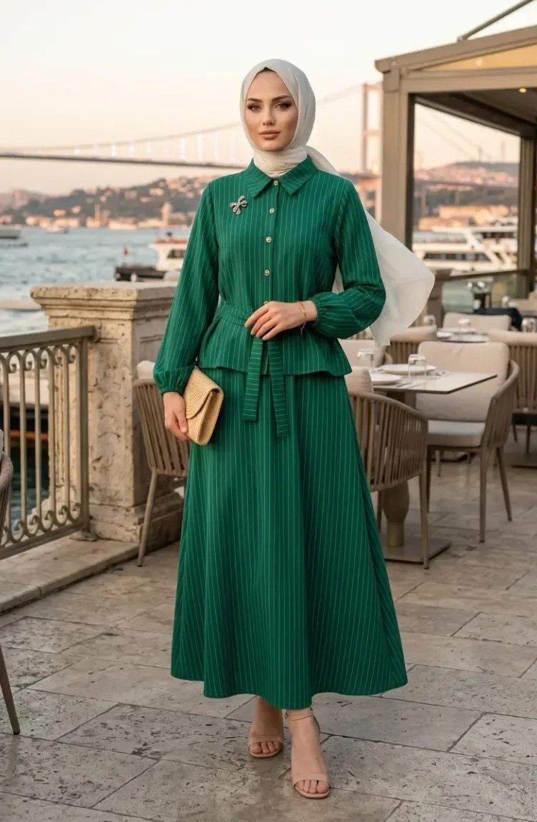 Ensemble Deux Pièces Rayé Avec Broche Et Ceinture 0280-03 Vert émeraude 0280-03