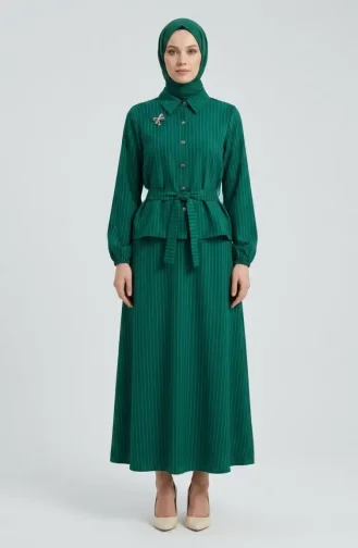 Ensemble Deux Pièces Rayé Avec Broche Et Ceinture 0280-03 Vert émeraude 0280-03