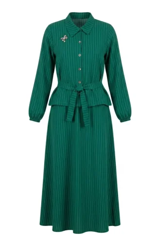 Ensemble Deux Pièces Rayé Avec Broche Et Ceinture 0280-03 Vert émeraude 0280-03