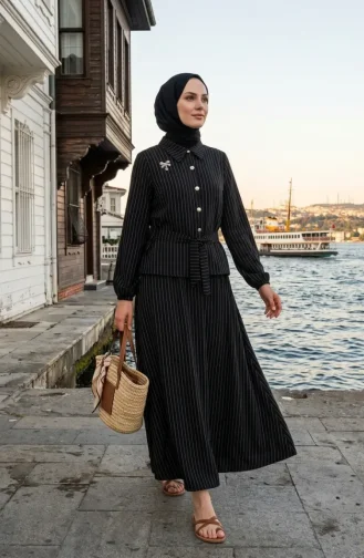 Ensemble Deux Pièces Rayé Avec Broche Et Ceinture 0280-04 Noir 0280-04