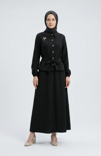 Ensemble Deux Pièces Rayé Avec Broche Et Ceinture 0280-04 Noir 0280-04