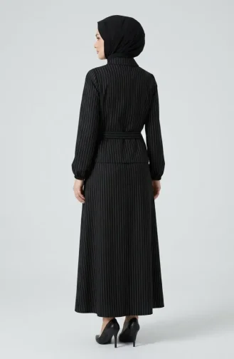Ensemble Deux Pièces Rayé Avec Broche Et Ceinture 0280-04 Noir 0280-04