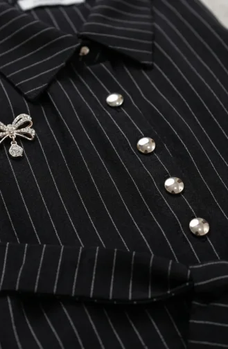 Ensemble Deux Pièces Rayé Avec Broche Et Ceinture 0280-04 Noir 0280-04