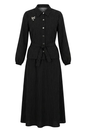 Ensemble Deux Pièces Rayé Avec Broche Et Ceinture 0280-04 Noir 0280-04