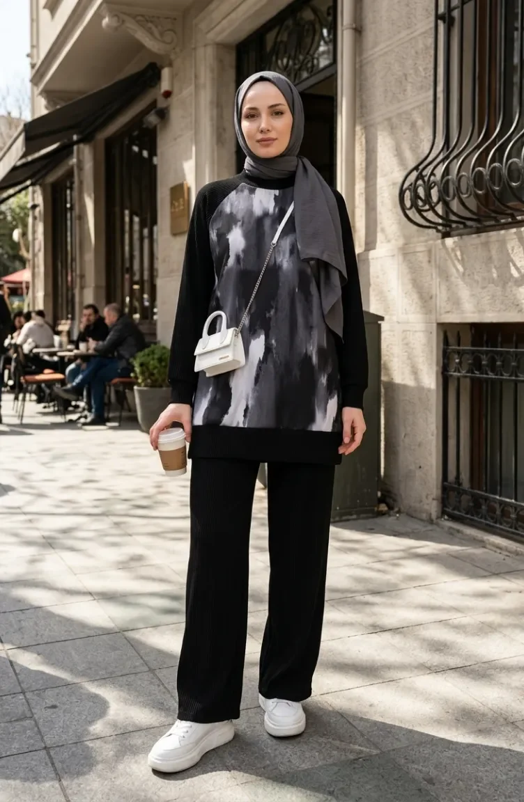 Printed Pleated Tunic And Pants Two-Piece Set 2215-05 Black Grey 2215-05