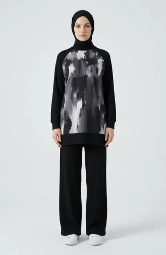 Printed Pleated Tunic And Pants Two-Piece Set 2215-05 Black Grey 2215-05