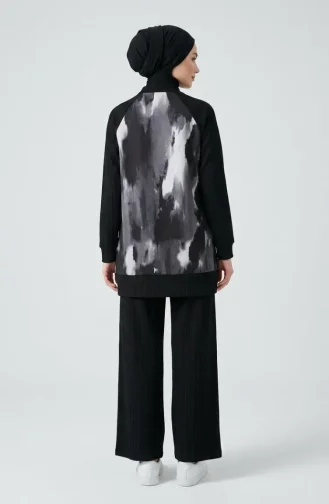 Printed Pleated Tunic And Pants Two-Piece Set 2215-05 Black Grey 2215-05