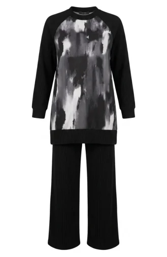 Printed Pleated Tunic And Pants Two-Piece Set 2215-05 Black Grey 2215-05