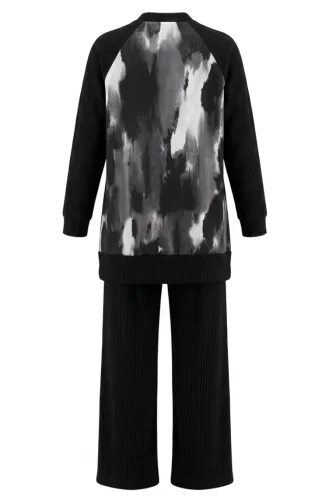 Printed Pleated Tunic And Pants Two-Piece Set 2215-05 Black Grey 2215-05