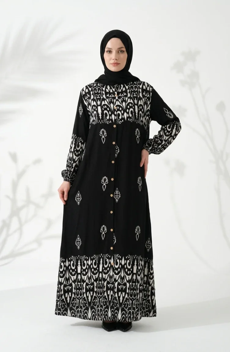 Langes Geknöpftes Viskosekleid 0274-02 Schwarz 0274-02