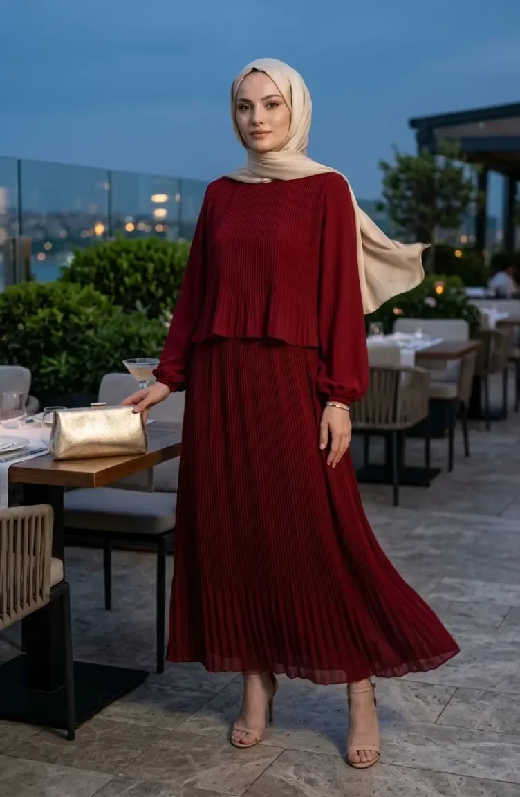 Piliseli Multi Şifon Elbise 2044-13 Kiremit