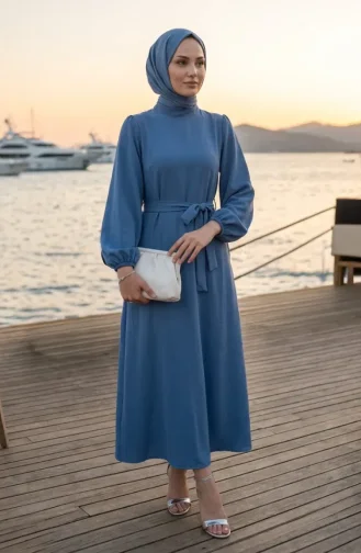 Belted Dress With Elasticated Sleeves 2261-01 Indigo 2261-01