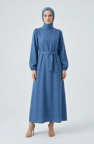 Belted Dress With Elasticated Sleeves 2261-01 Indigo 2261-01