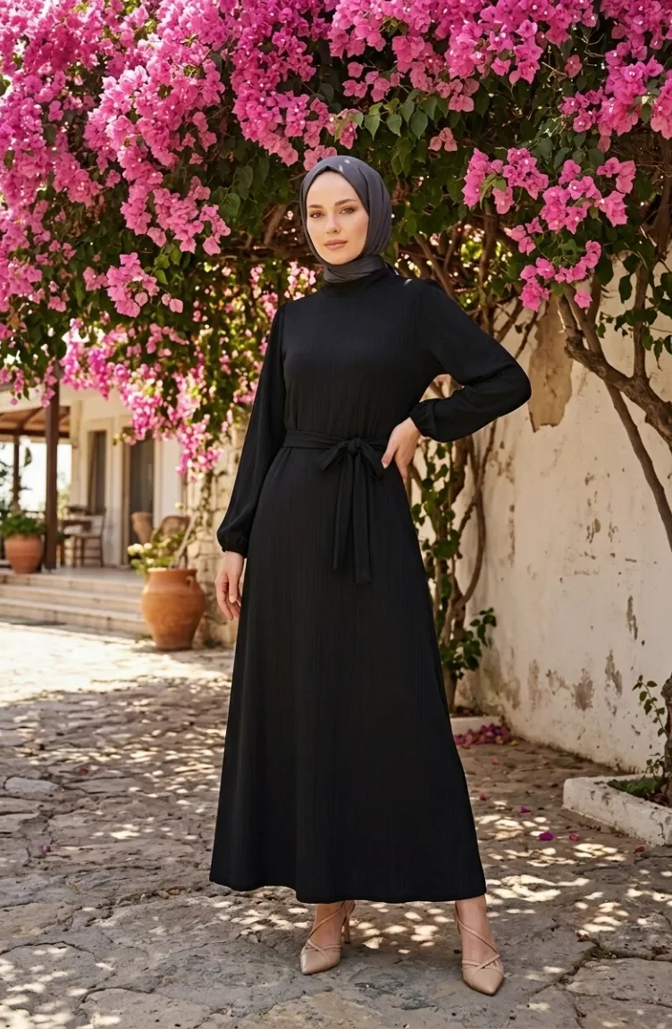 Kleid Mit Gürtel Und Elastischen Ärmeln 2261-02 Schwarz 2261-02