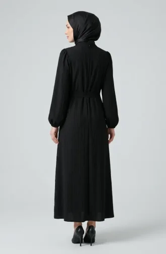 Kleid Mit Gürtel Und Elastischen Ärmeln 2261-02 Schwarz 2261-02