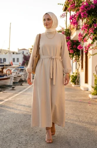 Belted Dress With Elasticated Sleeves 2261-03 Beige 2261-03