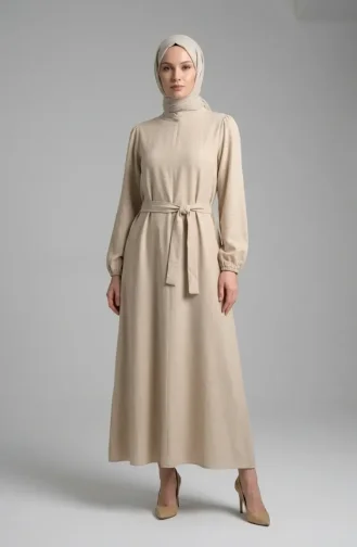 Belted Dress With Elasticated Sleeves 2261-03 Beige 2261-03
