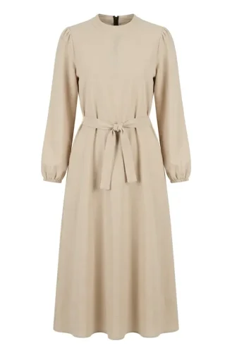 Belted Dress With Elasticated Sleeves 2261-03 Beige 2261-03