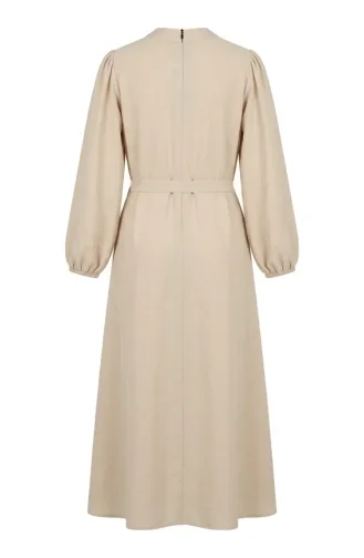 Belted Dress With Elasticated Sleeves 2261-03 Beige 2261-03