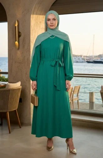 Belted Dress With Elasticated Sleeves 2261-04 Green 2261-04