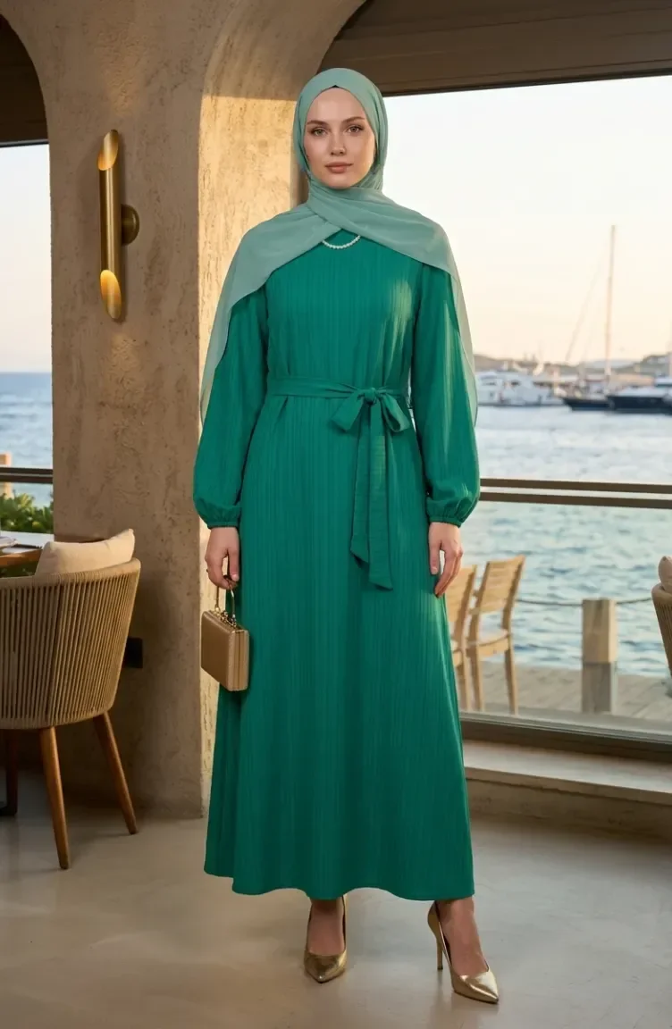 Belted Dress With Elasticated Sleeves 2261-04 Green 2261-04