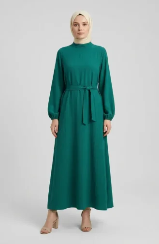Belted Dress With Elasticated Sleeves 2261-04 Green 2261-04