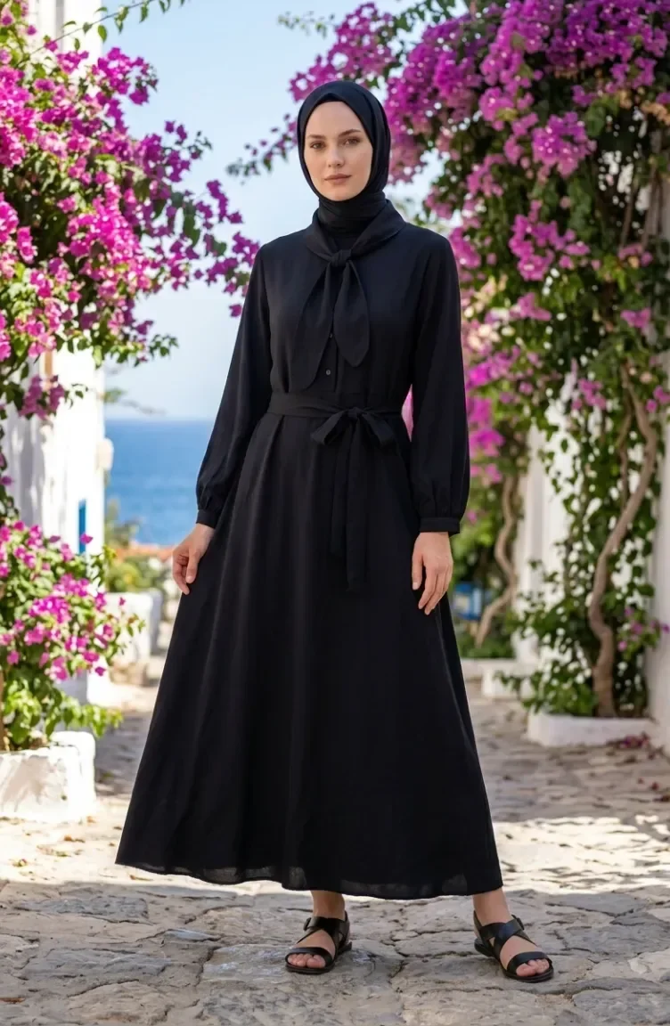Kleid Mit Schalkragen Halber Knopfleiste Und Gürtel 2262-01 Schwarz 2262-01