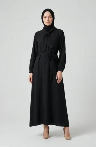 Kleid Mit Schalkragen Halber Knopfleiste Und Gürtel 2262-01 Schwarz 2262-01