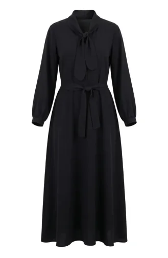 Kleid Mit Schalkragen Halber Knopfleiste Und Gürtel 2262-01 Schwarz 2262-01