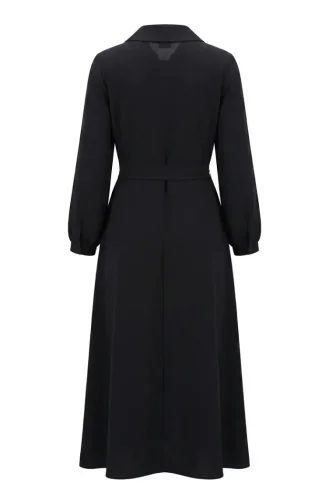 Kleid Mit Schalkragen Halber Knopfleiste Und Gürtel 2262-01 Schwarz 2262-01