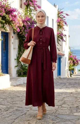 فستان بياقة وشاح وأزرار نصفية وحزام 2262-03 بورغندي 2262-03