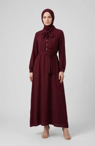 فستان بياقة وشاح وأزرار نصفية وحزام 2262-03 بورغندي 2262-03