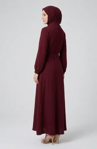 فستان بياقة وشاح وأزرار نصفية وحزام 2262-03 بورغندي 2262-03